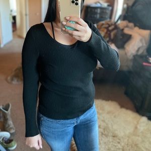 Super cute black ribbed sweater with open back